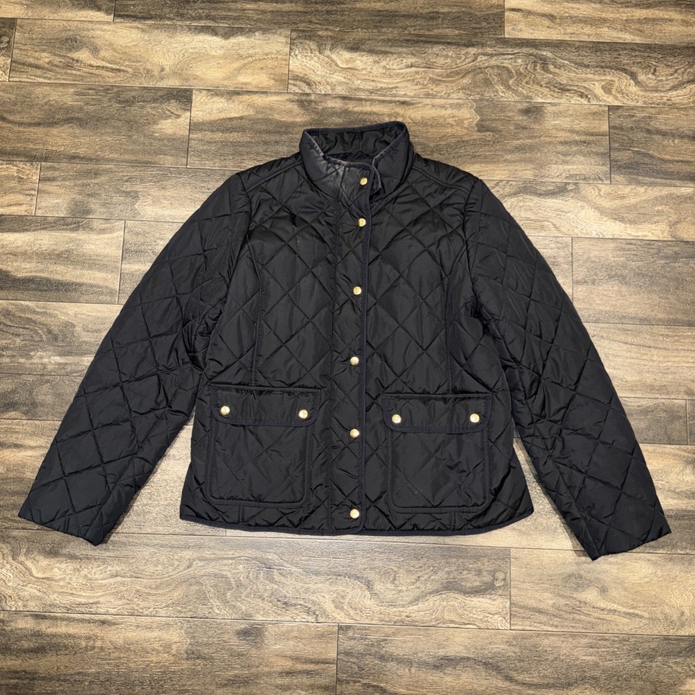 JCREW Quilted Lady Puffer Jacket Snap Buttons Women's Size XL Black Gold Buttons